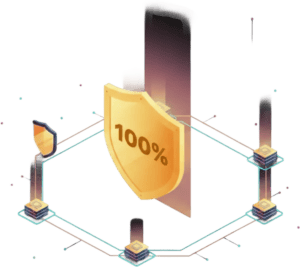 A large gold shield with 100% on it is surrounded by smaller shields and connected computer chip icons, symbolizing strong digital security and protection.