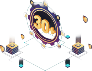 A digital illustration shows a large gear with 30+ in the center, surrounded by padlock and shield icons, connected to two servers, representing over 30 security features or components.