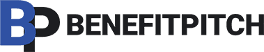 Logo with overlapping blue and black letters B and P next to the word BENEFITPITCH in bold, black uppercase letters on a light gray background.