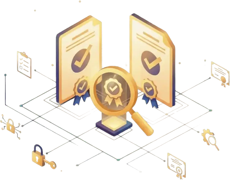 Illustration of a magnifying glass focusing on a certificate with checkmarks and ribbons, surrounded by icons of security, gears, and documents, representing certification, quality assurance, and data protection.