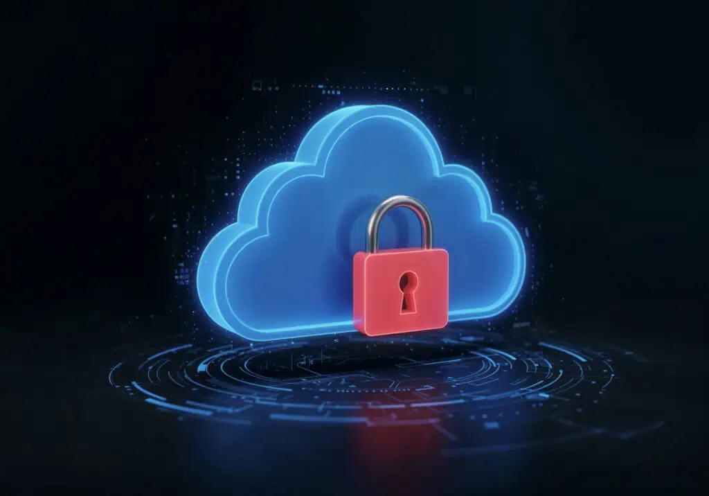 A blue cloud icon with a red padlock in front, symbolizing protection against cloud security threats and data breaches, on a dark background with digital circuit graphics.