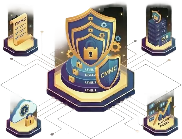 Illustration showing layered security shields labeled with CMMC levels, surrounded by icons representing CMMC checklist, secure cloud, CUI data, and maturity model, all connected by lines symbolizing cybersecurity integration.