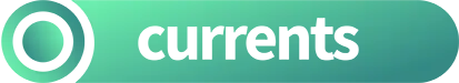 A green gradient button with a white circular icon on the left and the word currents in lowercase white letters on the right.