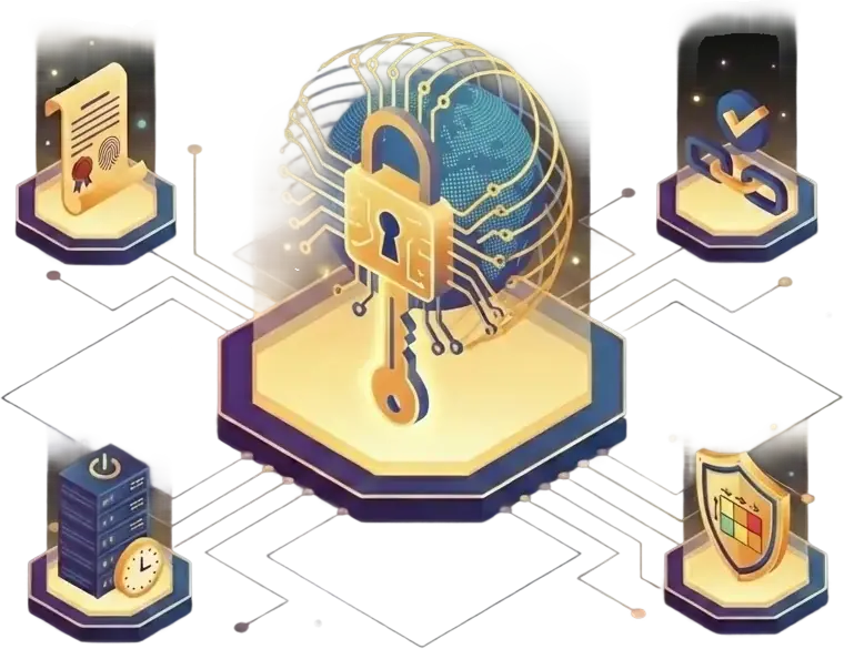 A digital illustration of a padlock with a key over a globe, connected to icons of a document, satellite, shield, server, and clock, symbolizing cybersecurity and data protection.