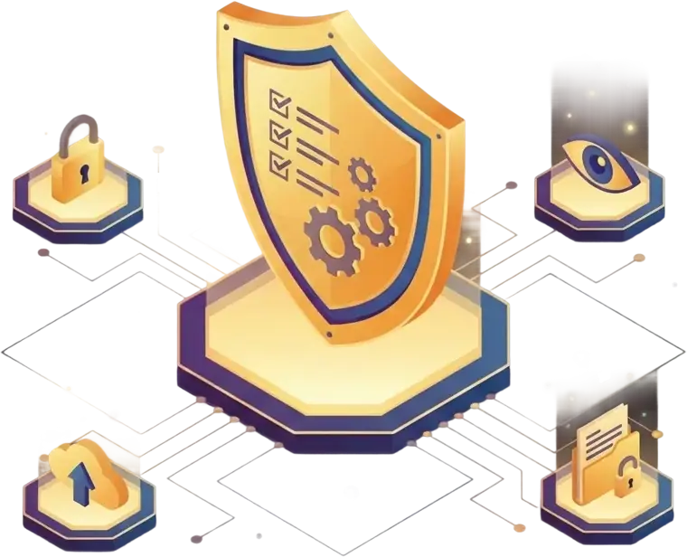 Illustration of a large golden shield with security icons, surrounded by symbols of a padlock, eye, upload arrow, and document, representing cybersecurity and data protection concepts.