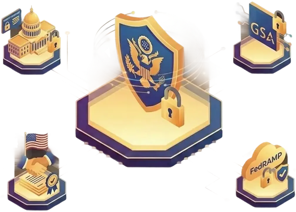 Isometric graphic with five icons: a shield with an eagle and a lock in the center, a government building with a checkmark, a handshake with an American flag, a GSA sign, and a FedRAMP badge with a checkmark.