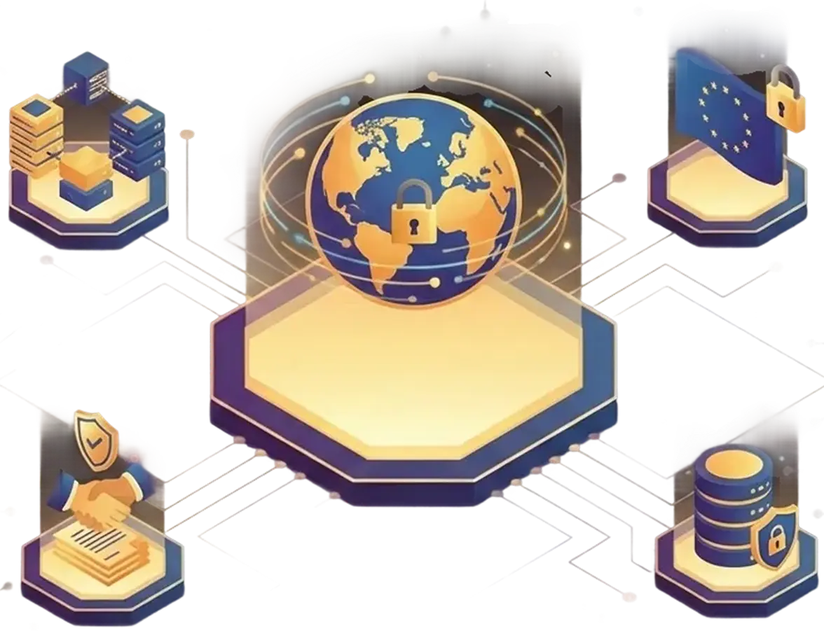 Illustration of a globe with a padlock in the center, surrounded by icons of a server, files, handshake, EU flag with padlock, and a database, all connected by lines, symbolizing data protection and privacy.
