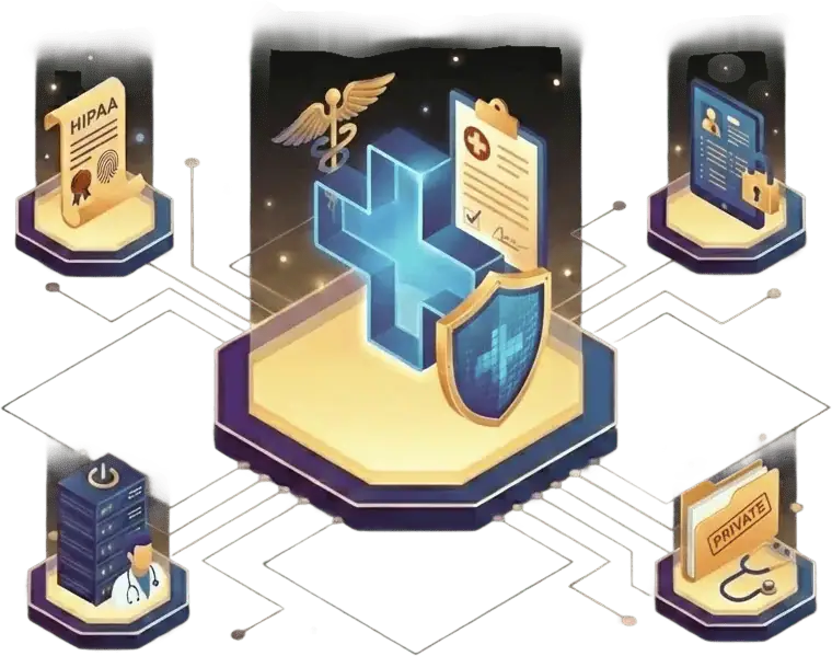 Illustration of digital healthcare icons connected by lines: a blue medical cross, shield, HIPAA document, patient records, medical database, and a privacy file, symbolizing secure, interconnected healthcare data systems.
