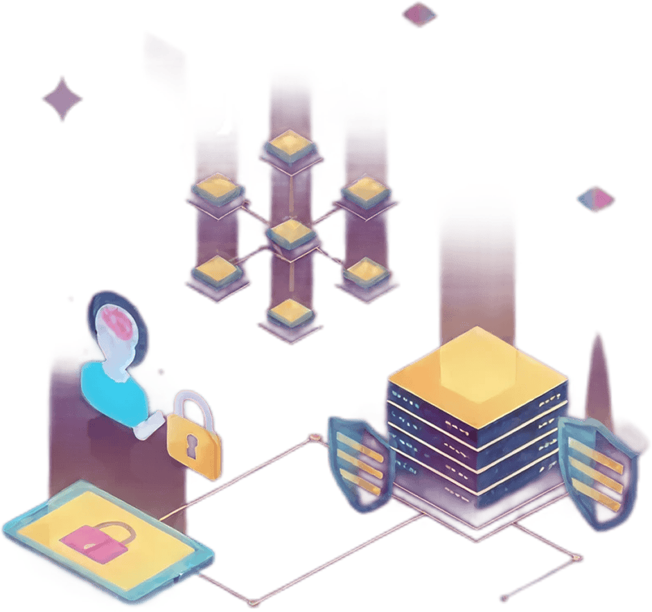 An illustration of a person holding a lock icon near a tablet with a padlock, connected to a secure server and blockchain network, symbolizing data security and blockchain technology.