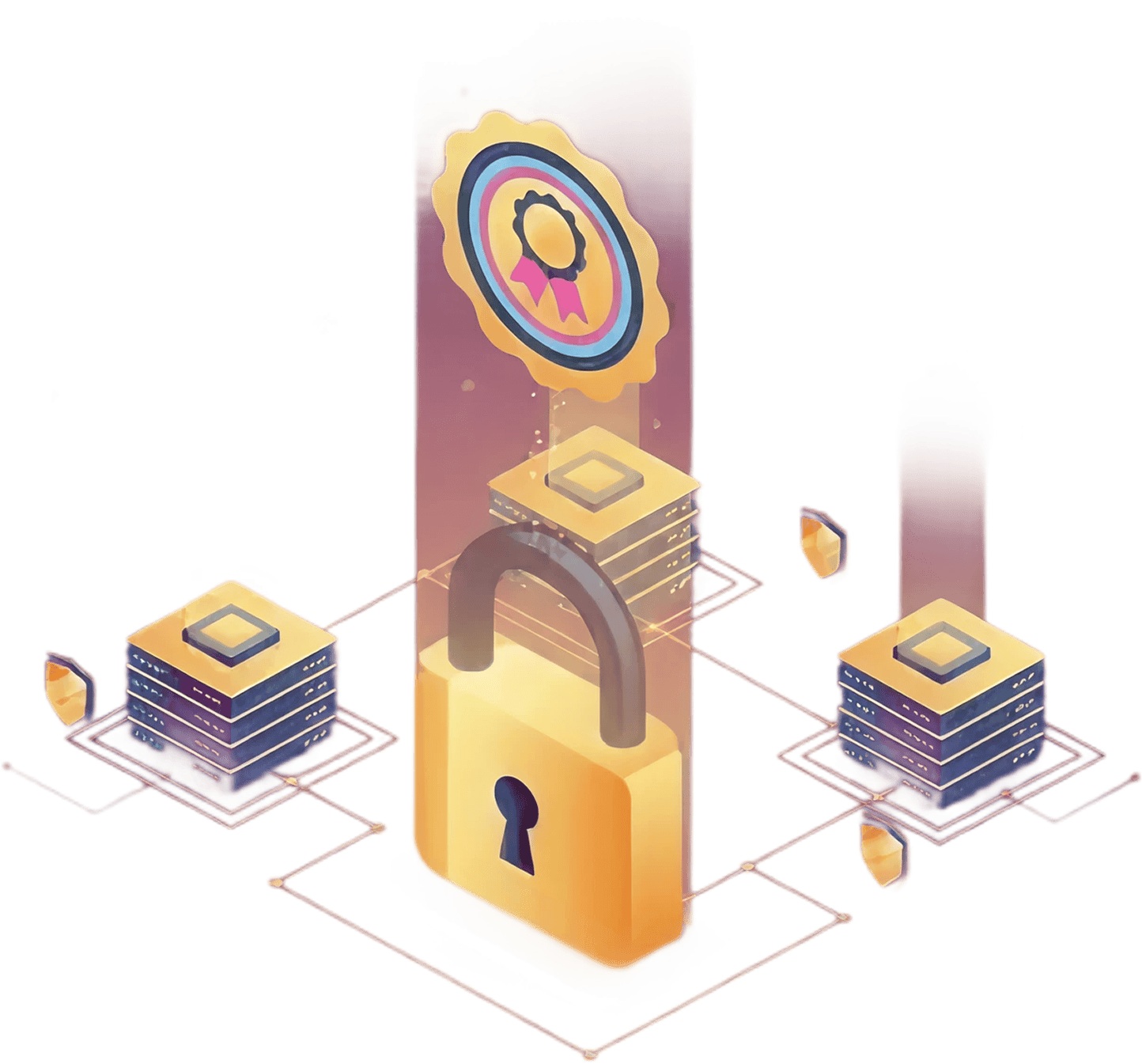 A large gold padlock at the center connects to networked servers, with a digital award ribbon floating above, symbolizing secure and certified data protection technology.