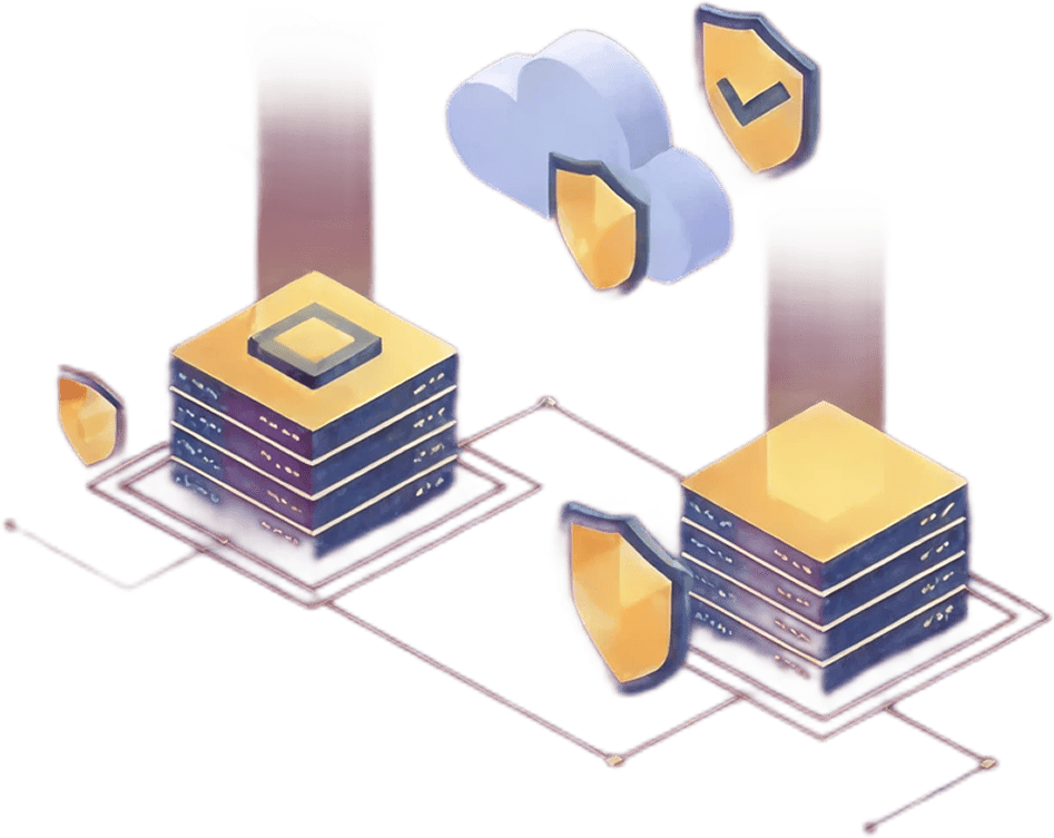 Illustration of two server stacks connected by lines, with shields and cloud icons above them, representing data security and cloud protection.