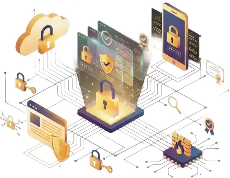 An illustration of cybersecurity concepts, showing interconnected devices, cloud storage, lock symbols, shield icons, a firewall, and security certificates, representing secure data networks and protection measures.