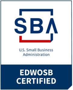 The image displays the U.S. Small Business Administration logo above the text EDWOSB CERTIFIED on a blue background, indicating Economically Disadvantaged Women-Owned Small Business certification.