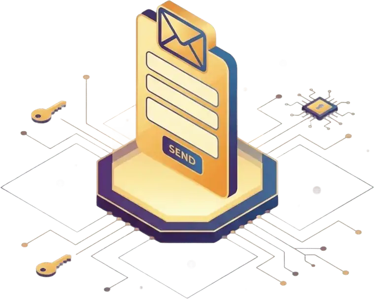 Isometric illustration of a digital send form with an envelope icon, surrounded by circuit lines, keys, and a microchip, representing secure online communication or encrypted email.
