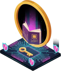 A digital illustration of a gold key on a microchip, with shield icons around it, and an open book emitting purple light inside a large golden ring above, symbolizing cybersecurity and data protection.