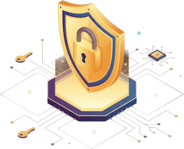 An illustration of a golden shield with a lock symbol in the center, surrounded by digital circuit lines, keys, and a computer chip, representing cybersecurity and data protection.