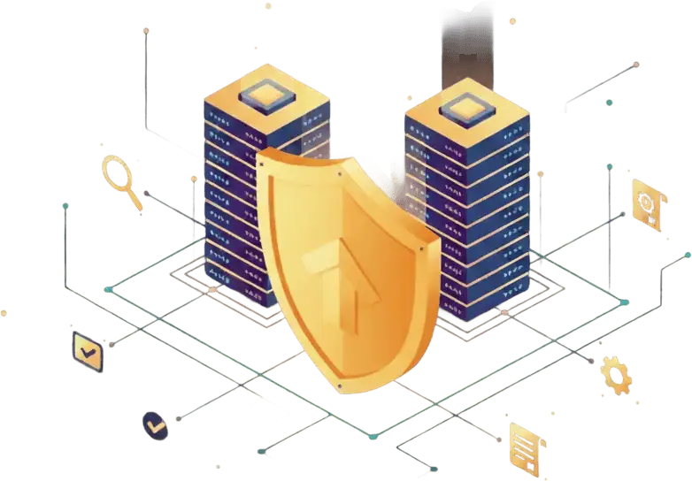 A digital illustration of two server stacks connected by lines, with a large gold shield in front, symbolizing cybersecurity or data protection. Various tech and security icons float around the servers.