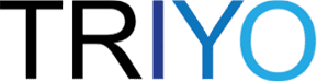The image shows the word TRIYO in uppercase letters. TRI is black, Y is dark blue, and O is light blue. The font is bold and modern on a light background.