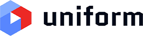 Logo for Uniform, featuring a hexagon with a red, blue, and white geometric play button symbol on the left, and the word uniform in bold, modern lowercase font on the right.