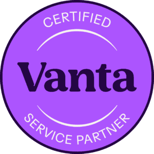 A purple circular badge with the words CERTIFIED SERVICE PARTNER around the edge and Vanta in bold black letters in the center.